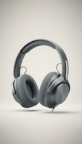 Sound Serenity's ergonomic audio headphones, perfectly centered against a soft pearl background. The headphones' sleek...