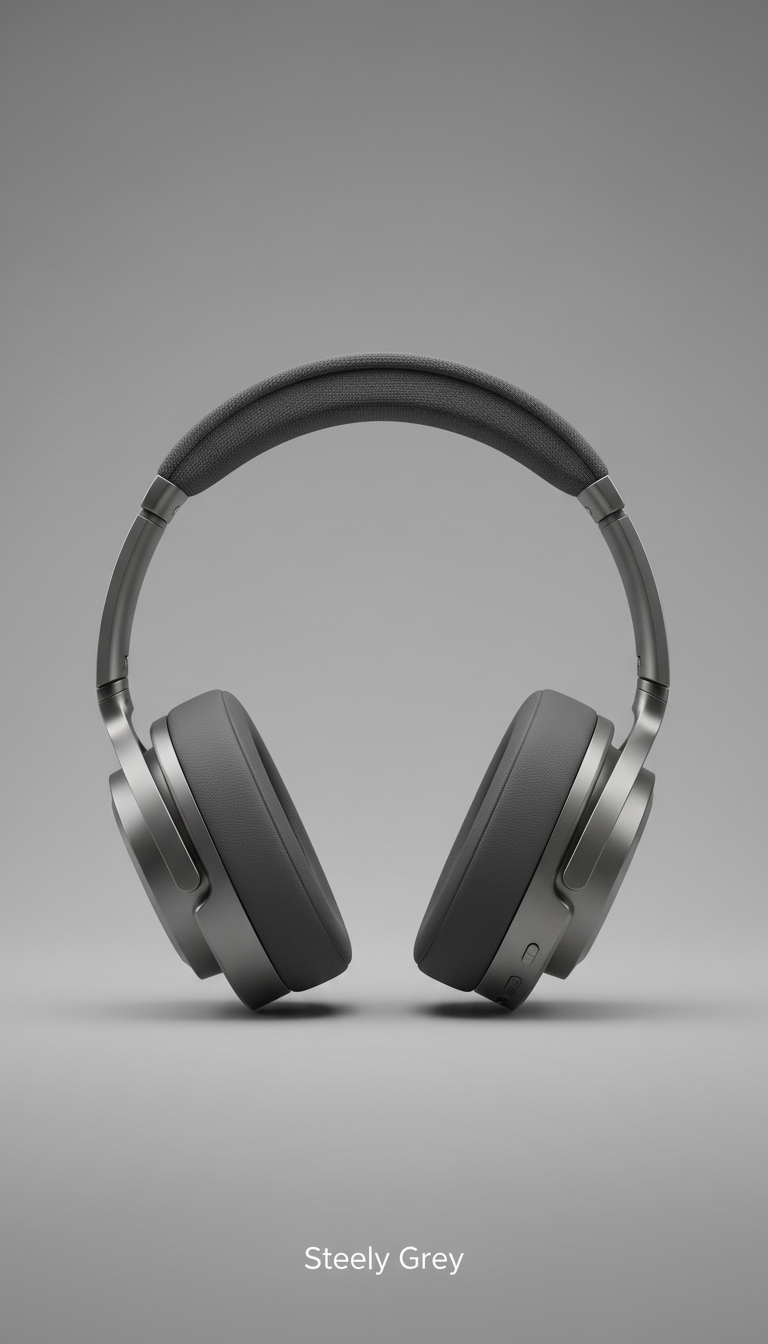 Capture over-ear headphones centered on a 'Steely Grey' background. Use soft, emphasizing the ergonomic design and premium...