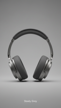 Capture over-ear headphones centered on a 'Steely Grey' background. Use soft, emphasizing the ergonomic design and premium...