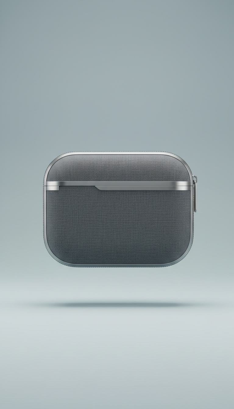 A centered shot of an audio accessory case, displayed with its refined design against a Silver Mist background. The case...