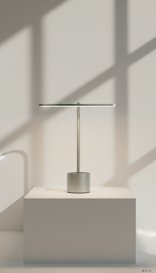 Designer desk lamp with integrated wireless charging base, Default angle is a precise 3/4 view (slightly above eye-level),...