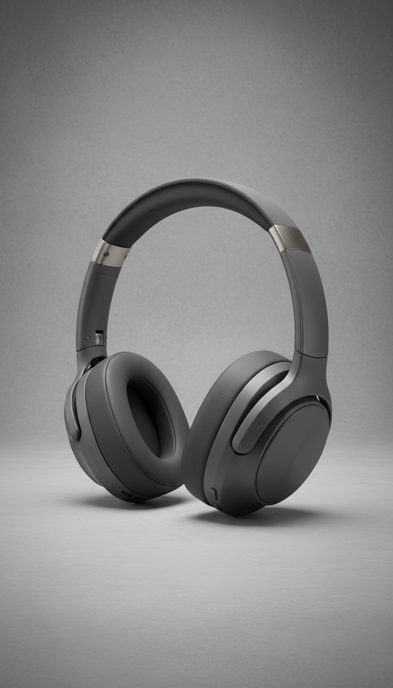 A perfectly centered shot of Sonic Serenity over-ear headphones on a neutral Urban Slate background. The slightly elevated...