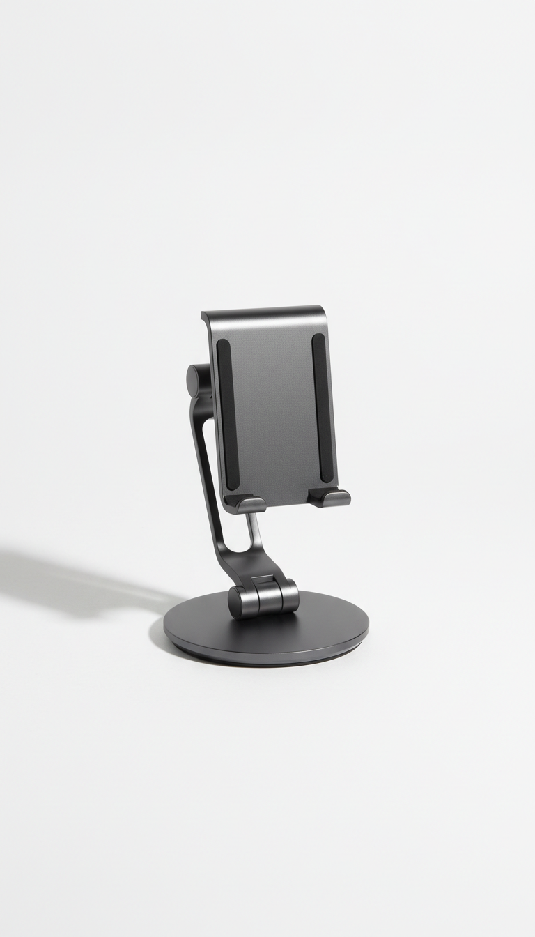 A centered frontal view of an adjustable phone stand on a 'Pure White' background. The lighting is soft, creating a shadow...