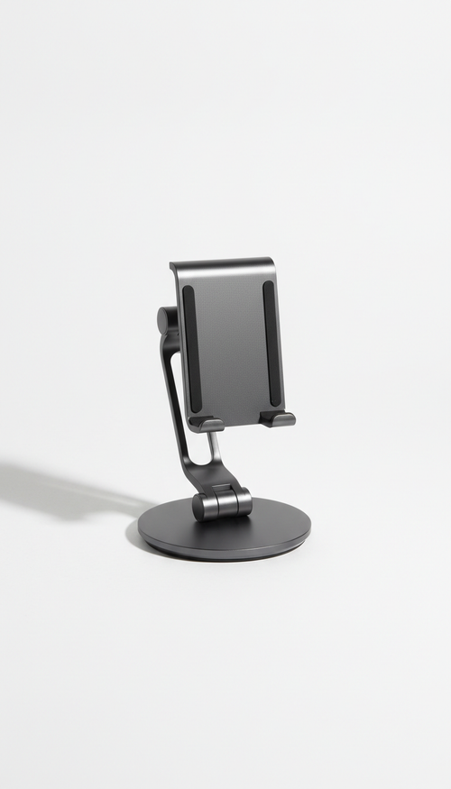 A centered frontal view of an adjustable phone stand on a 'Pure White' background. The lighting is soft, creating a shadow...