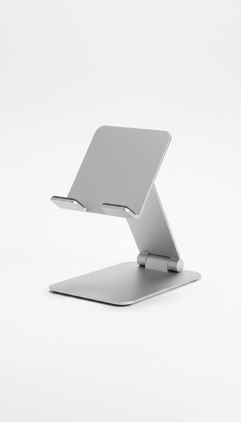 Display a steel tablet holder with a minimalistic design, no brand names, no text, no trademarks