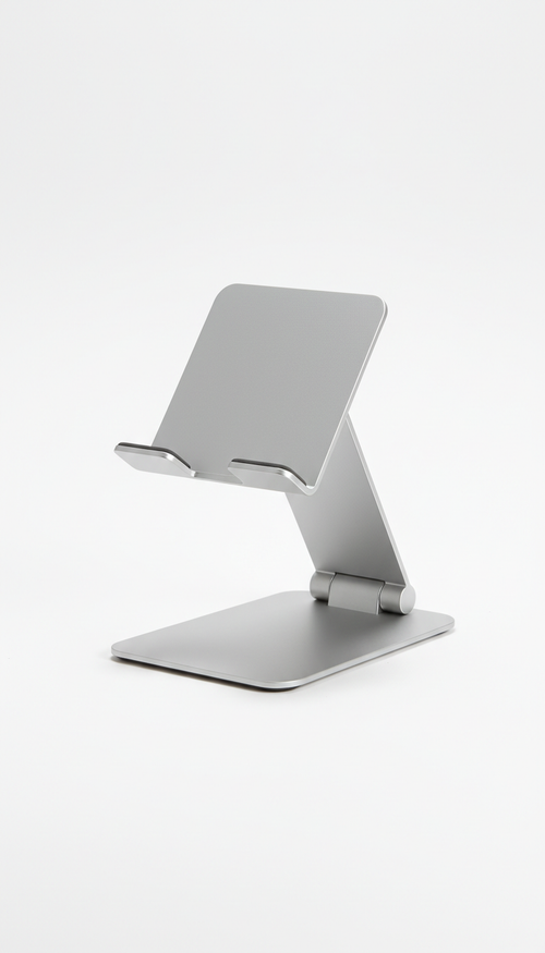Display a steel tablet holder with a minimalistic design, no brand names, no text, no trademarks