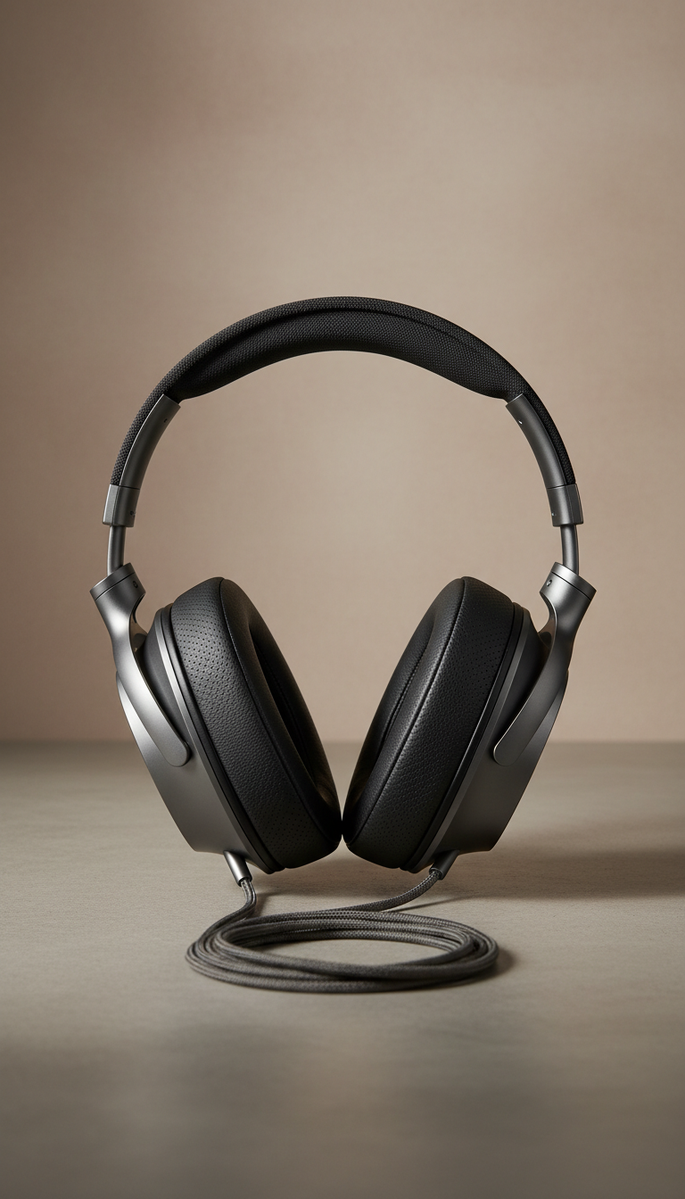 A pair of high-fidelity studio headphones, featuring a minimalist and sleek design, centered against a neutral, slightly...