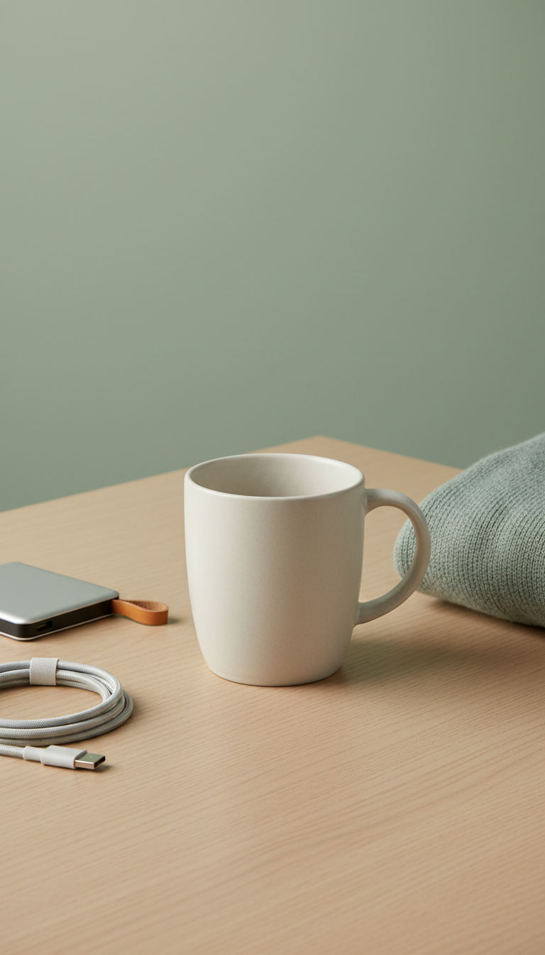 Soft Pebble ceramic mug, Single product on a textured matte surface (soft stone or pale oak) at a 3/4 angle—the equivalent...