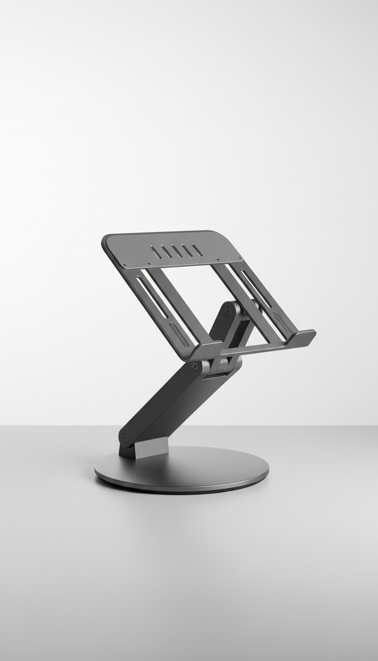 An ergonomic laptop stand is perfectly centered in the frame against a clean, minimalistic background. The stand is...