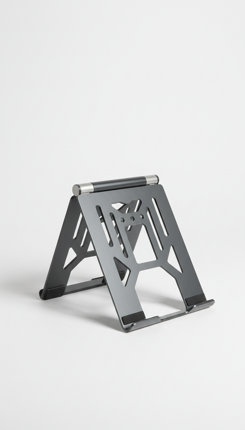 Architectural foldable laptop stand, Hero product shots at a precise 3/4 angle to showcase both face and edge...