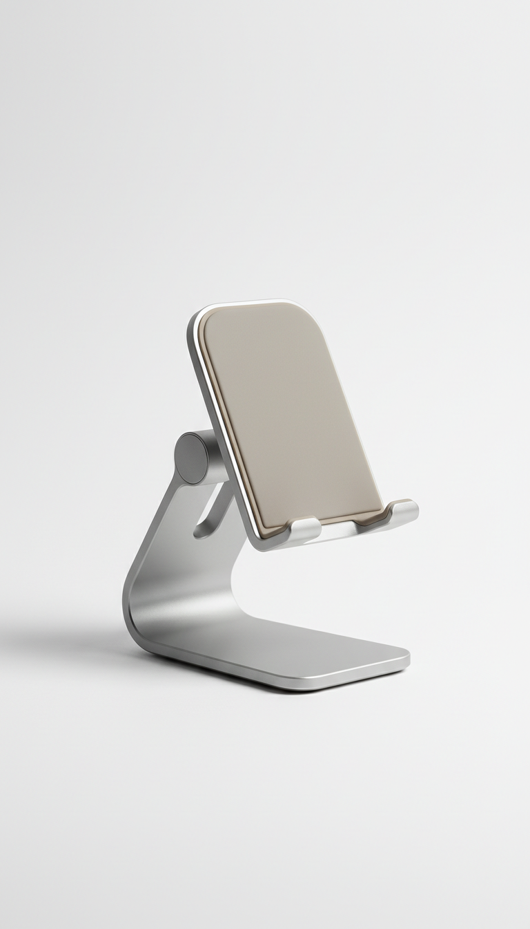 A desktop phone stand, designed for ergonomic comfort, stands centered on a smooth, the lighting is soft and diffused,...