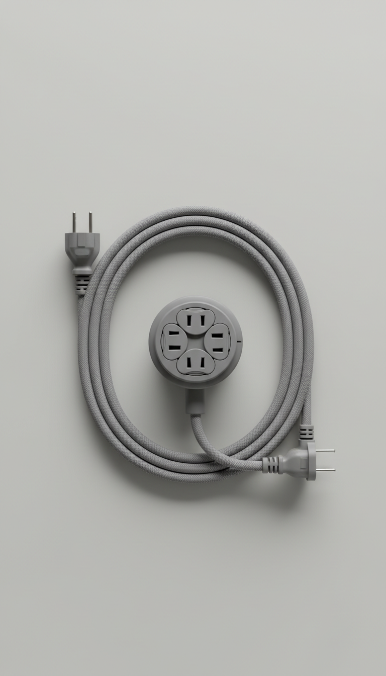 A perfectly centered Eco Power extension cord on a neutral Eco Gray background, shot straight-on with a 50mm lens. The...