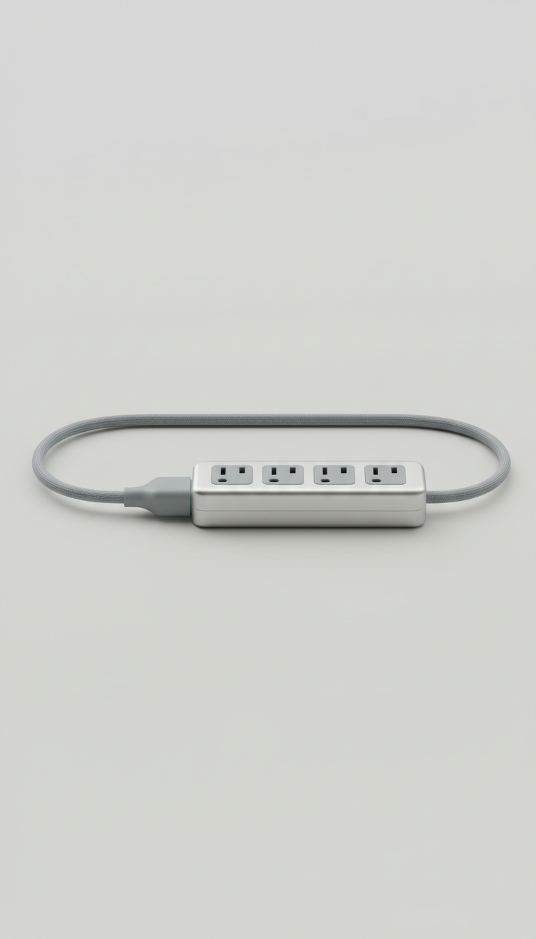 Sleek extension cord, Single product isolated on a matte surface (white or pale grey), shot at a three-quarter angle to...